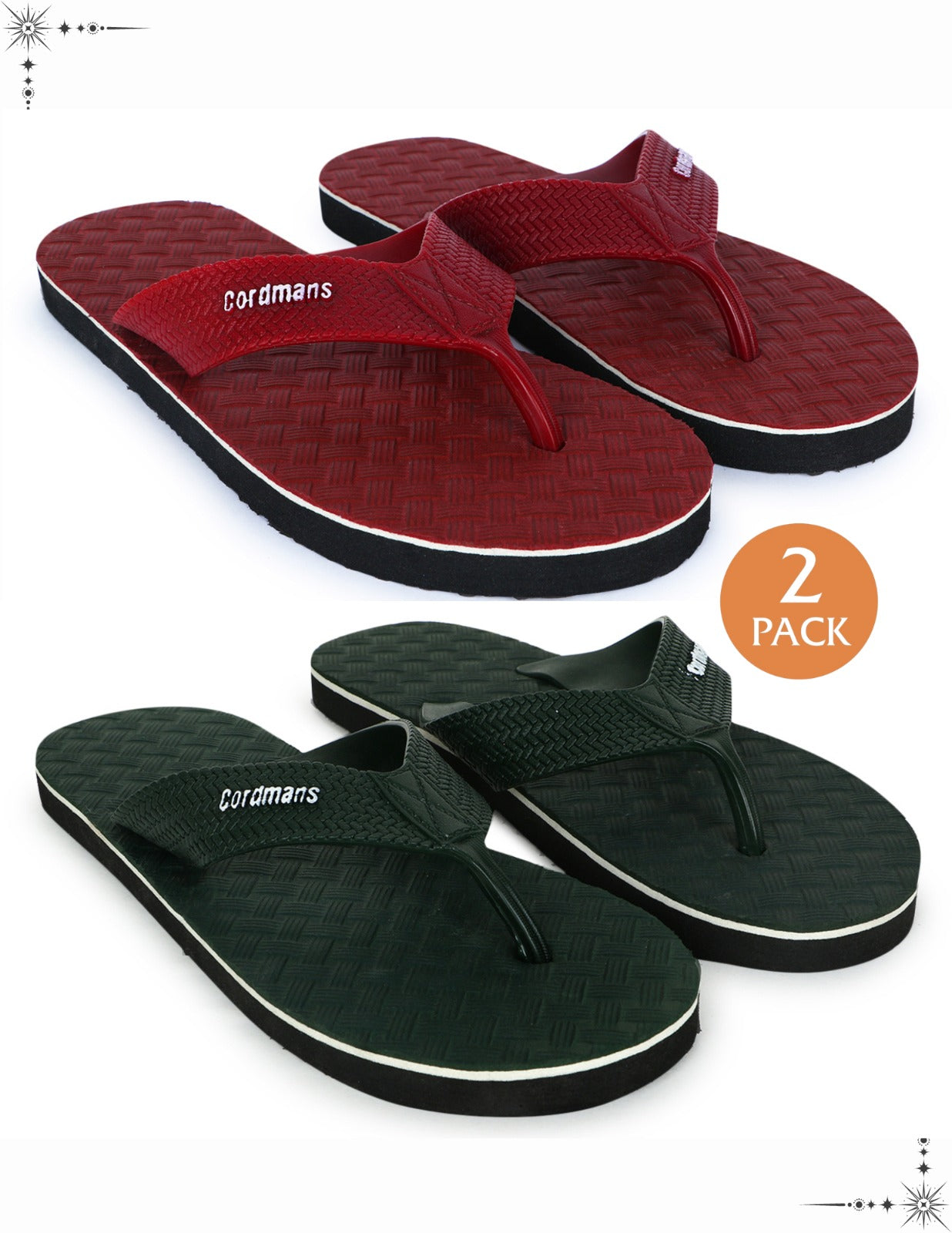 Cordmans Men's Flip-Flops – Pack of 2 (Maroon & green) Casual Comfort Slippers