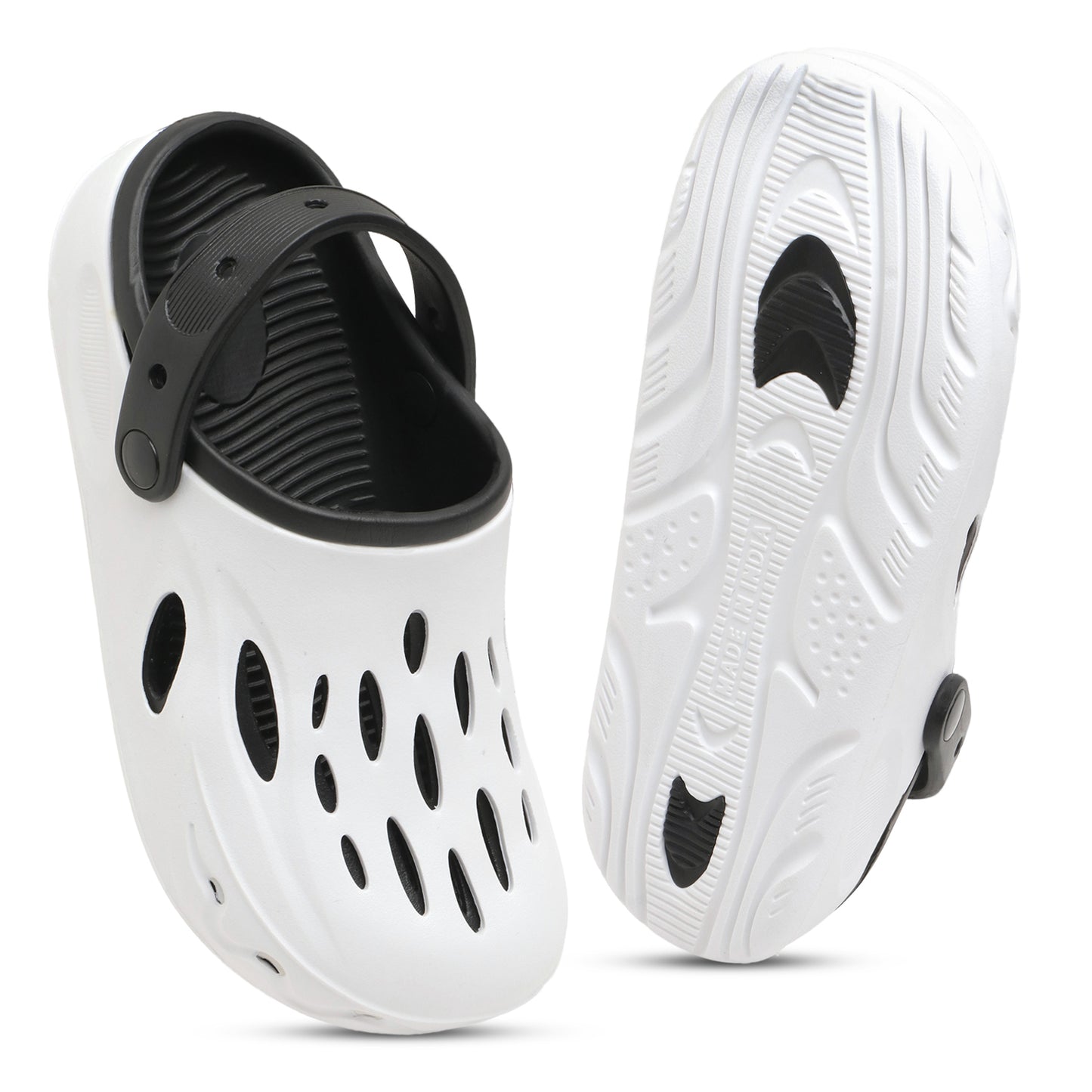 Men’s White & Black Stylish Clogs – Lightweight Breathable Slip-on Sandals with Back Strap