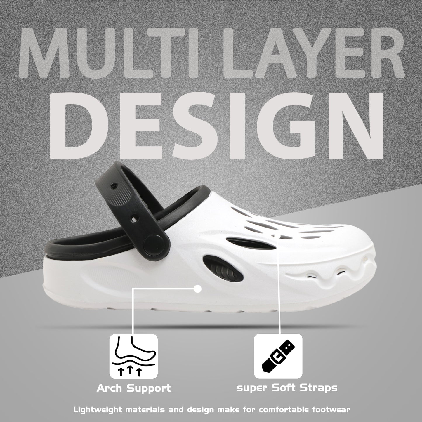 Men’s White & Black Stylish Clogs – Lightweight Breathable Slip-on Sandals with Back Strap