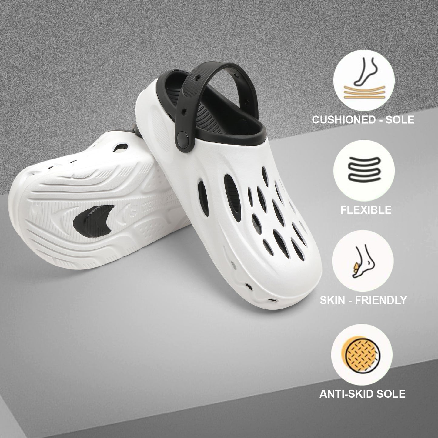 Men’s White & Black Stylish Clogs – Lightweight Breathable Slip-on Sandals with Back Strap