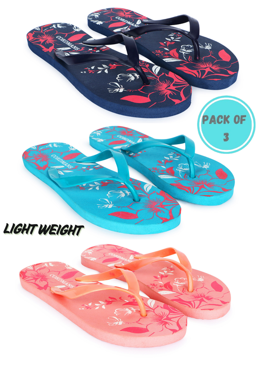 Peach, Navy, Sky Blue Combo Floral Print Flip Flops – Comfortable & Trendy Slippers