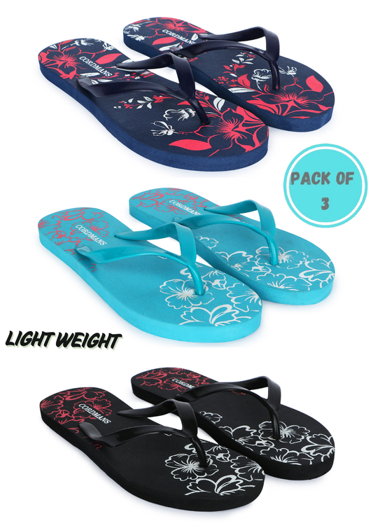 Peach, Navy Blue, Sky Blue Combo Floral Print Flip Flops – Comfortable & Trendy Slippers