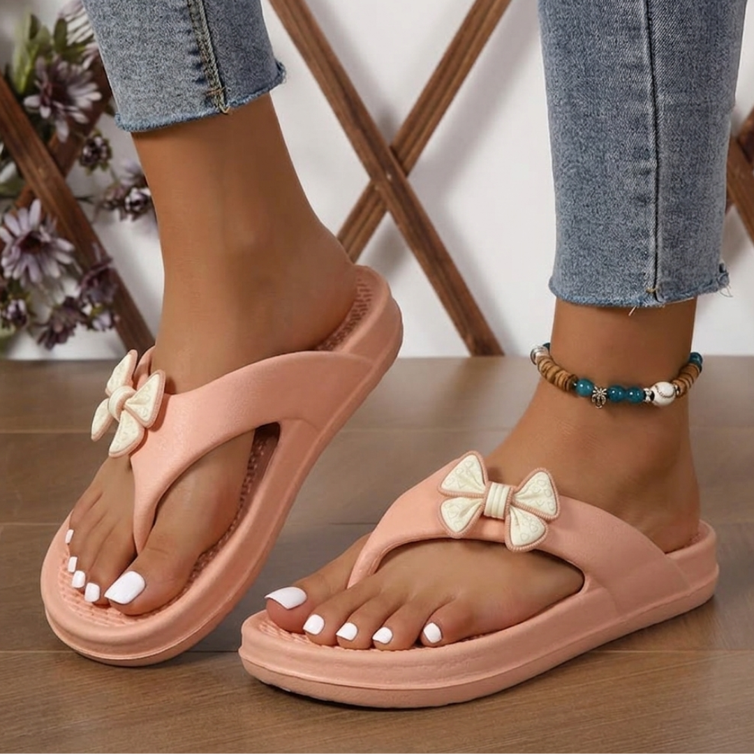 Women's Pink Bow Flip-Flop Slippers – Stylish Casual Sandals