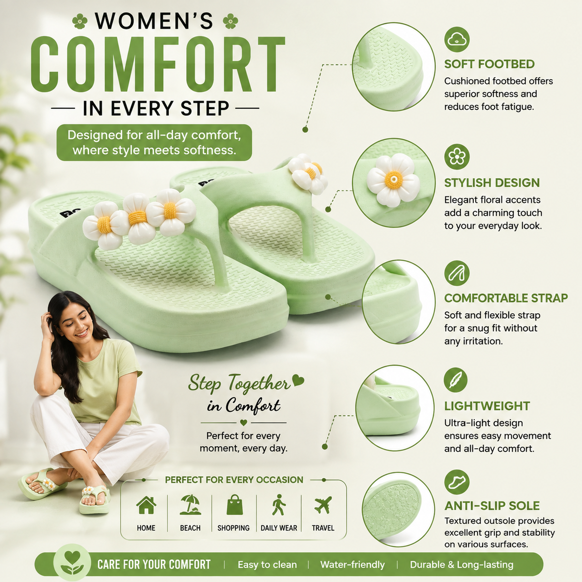 UltraSoft Healthy Steps Women’s Floral Green Platform Flip-Flops