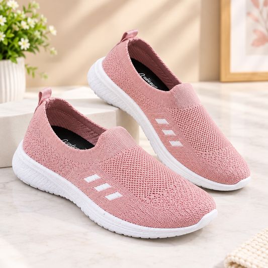 Women's Pink Knit Slip-On Sneakers with Stylish White Sole