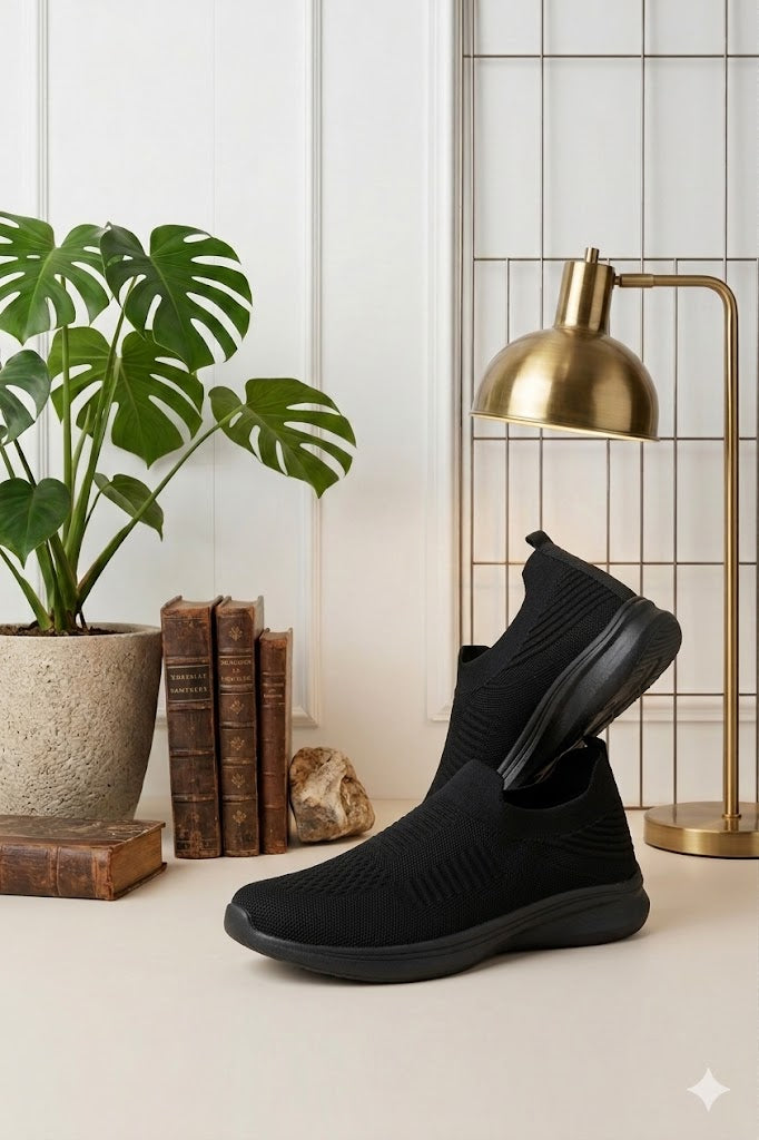 Women’s Black Slip-On Walking Shoes – Lightweight & Comfortable