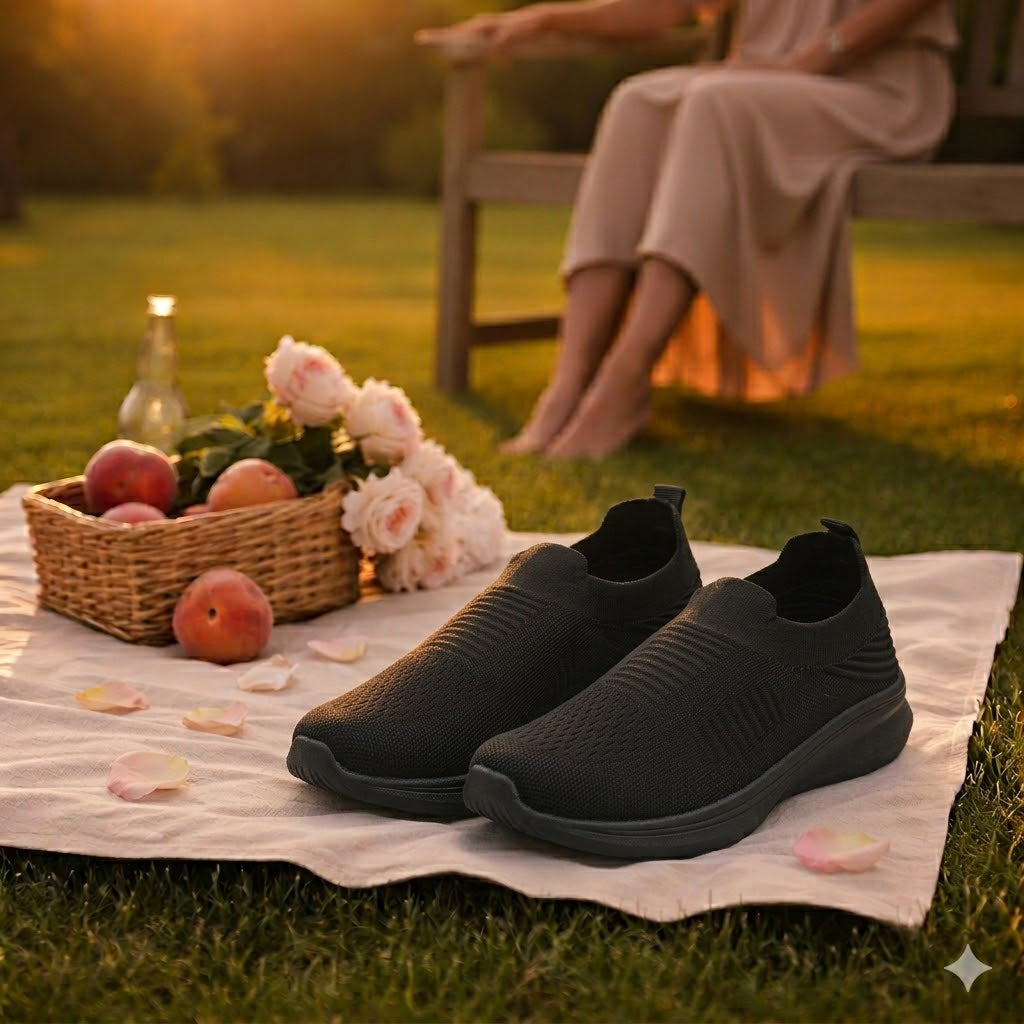 Women’s Black Slip-On Walking Shoes – Lightweight & Comfortable