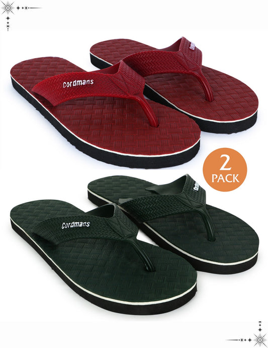 Cordmans Men's Flip-Flops – Pack of 2 (Maroon & green) Casual Comfort Slippers