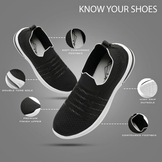 Women’s Black Slip-On Sports Sneakers – Lightweight & Breathable Walking Shoes