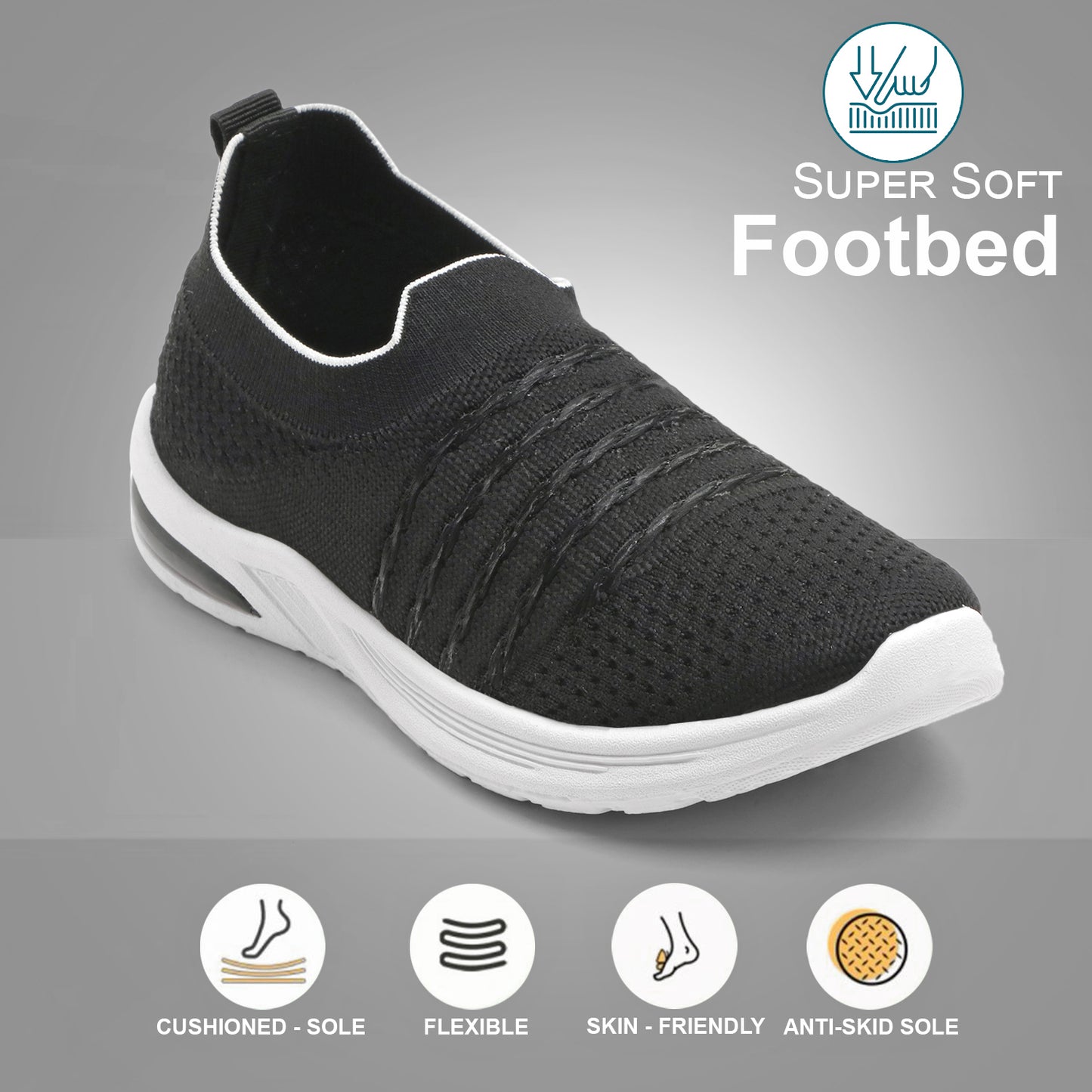 Women’s Black Slip-On Sports Sneakers – Lightweight & Breathable Walking Shoes
