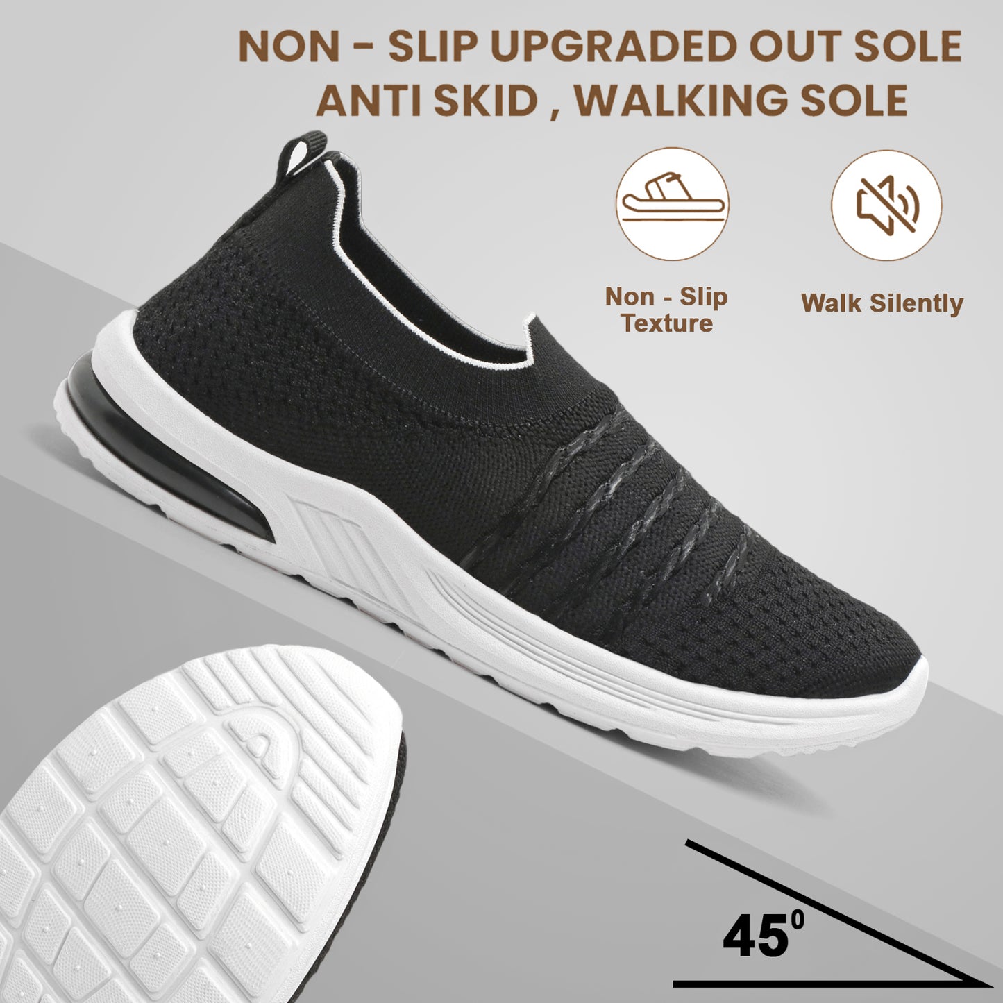 Women’s Black Slip-On Sports Sneakers – Lightweight & Breathable Walking Shoes