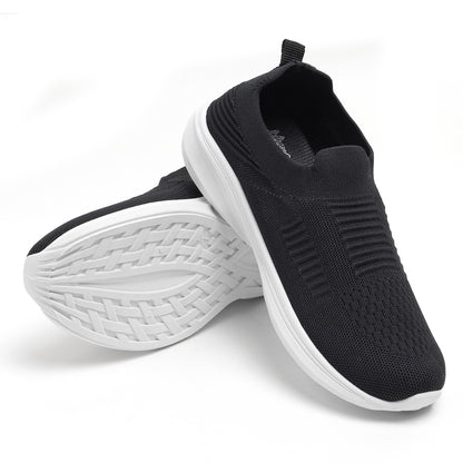 Women’s Black Knit Slip-On Walking Sneakers – Lightweight Casual Shoes