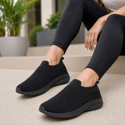 Women’s Black Slip-On Walking Shoes – Lightweight & Comfortable
