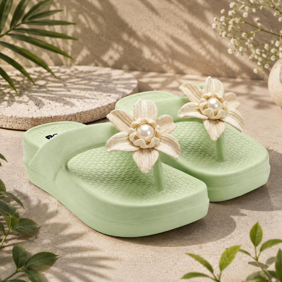 UltraSoft Healthy Steps Women’s Green Pearl Flower Platform Flip-Flops