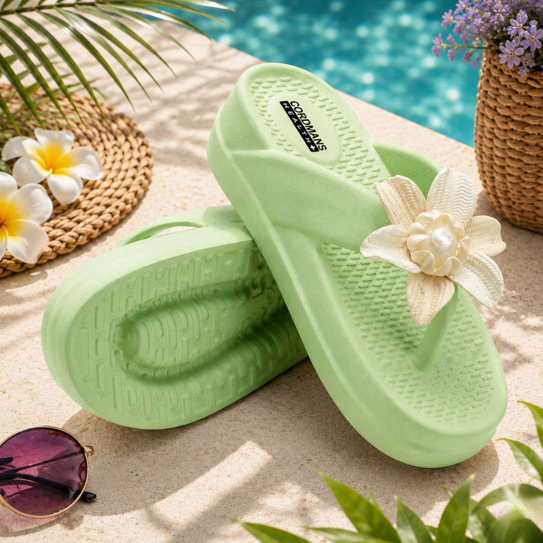 UltraSoft Healthy Steps Women’s Green Pearl Flower Platform Flip-Flops