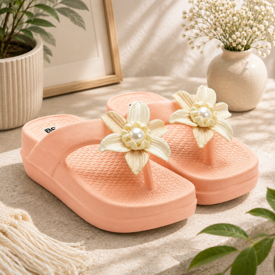 UltraSoft Healthy Steps Women’s Pink Pearl Flower Platform Flip-Flops