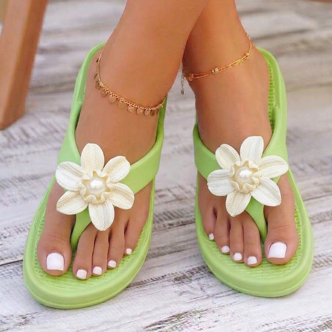 UltraSoft Healthy Steps Women’s Green Pearl Flower Platform Flip-Flops