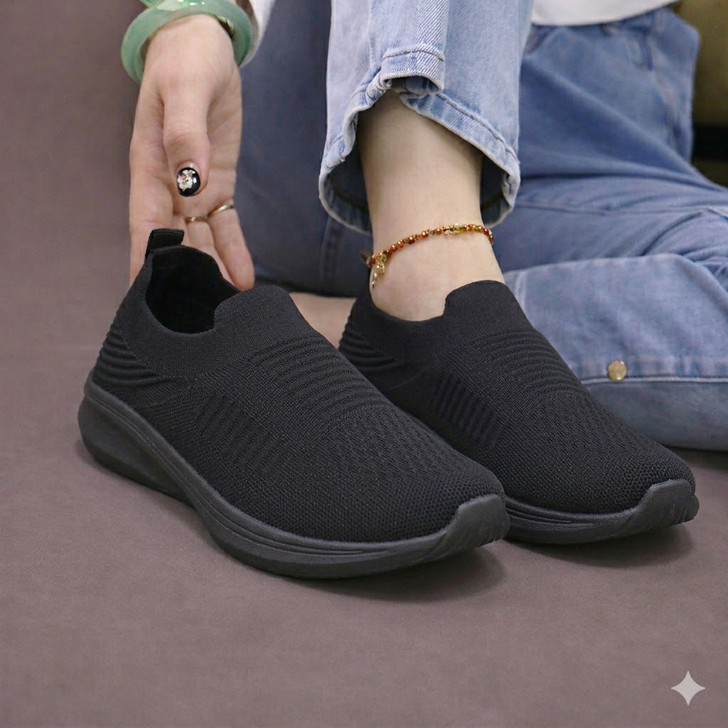 Women’s Black Slip-On Walking Shoes – Lightweight & Comfortable