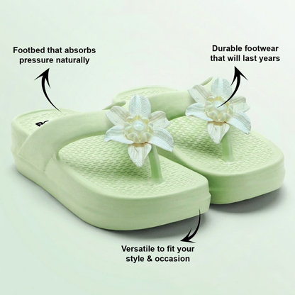 UltraSoft Healthy Steps Women’s Green Pearl Flower Platform Flip-Flops