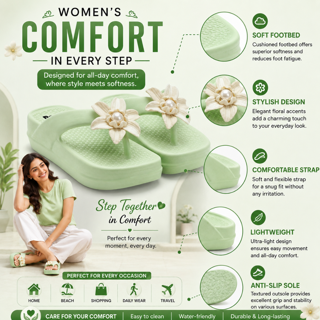 UltraSoft Healthy Steps Women’s Green Pearl Flower Platform Flip-Flops
