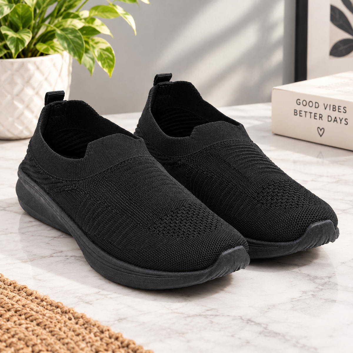 Women’s Black Knit Slip-On Walking Sneakers – Lightweight Casual Shoes