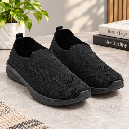 Women’s Black Knit Slip-On Sneakers – Lightweight Casual Walking Shoes