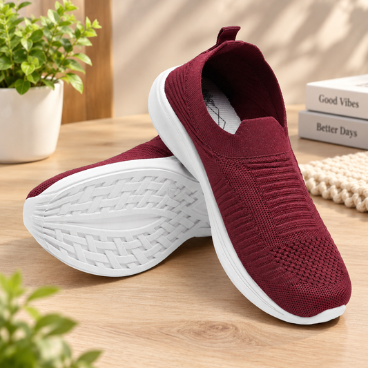 Women's Burgundy Knit Slip-On Sneakers with Lightweight White Sole