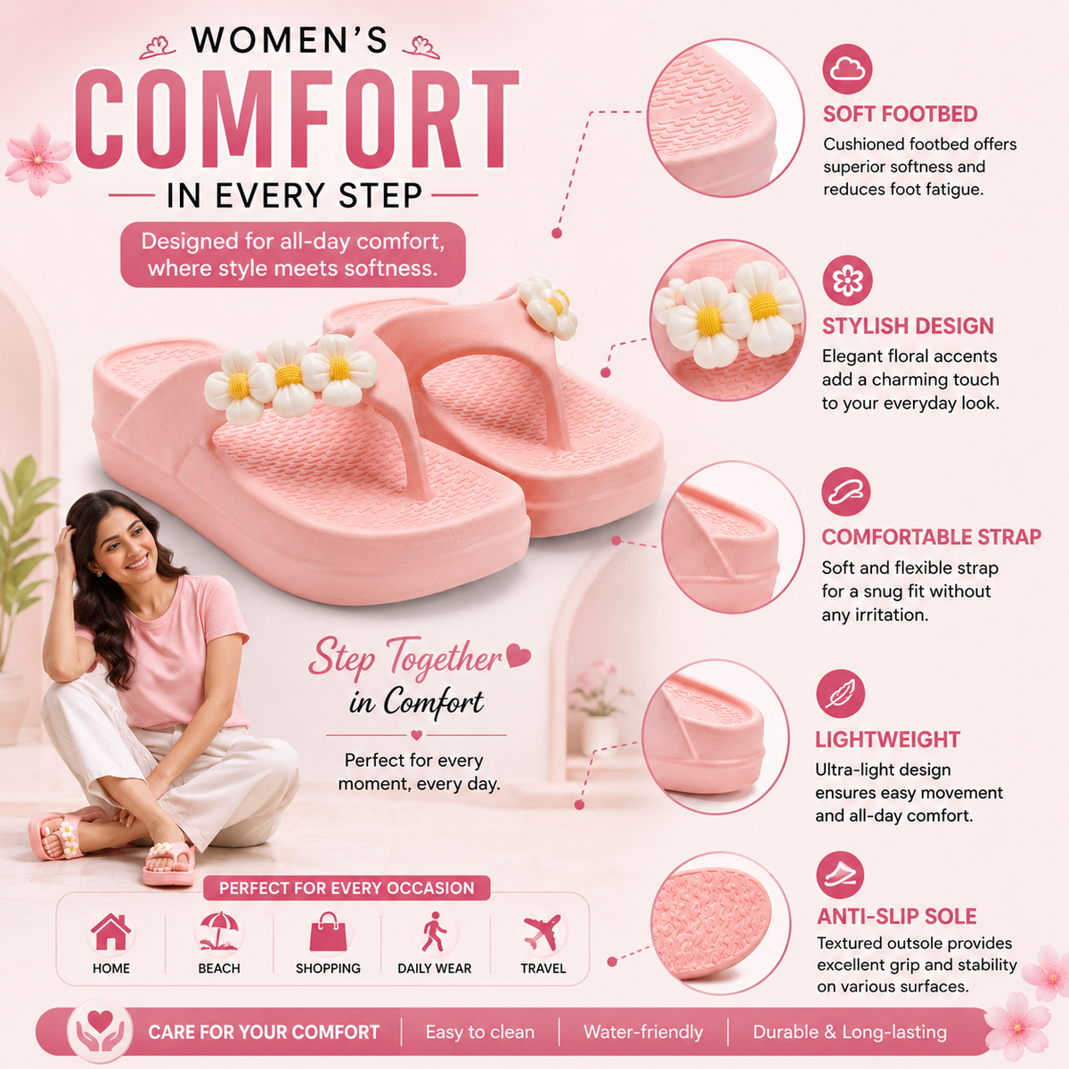 UltraSoft Healthy Steps Women’s Peach Floral Platform Flip-Flops