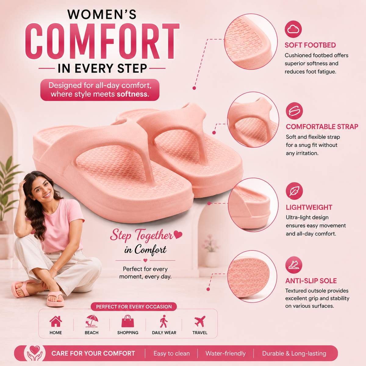Pink Platform Flip-Flops for Women – Minimalist Wide Strap Casual Slippers