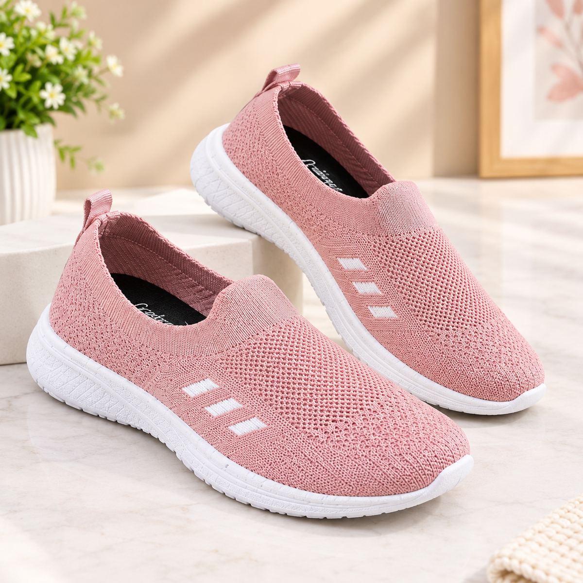 Women's Pink Knit Slip-On Sneakers with Stylish White Sole