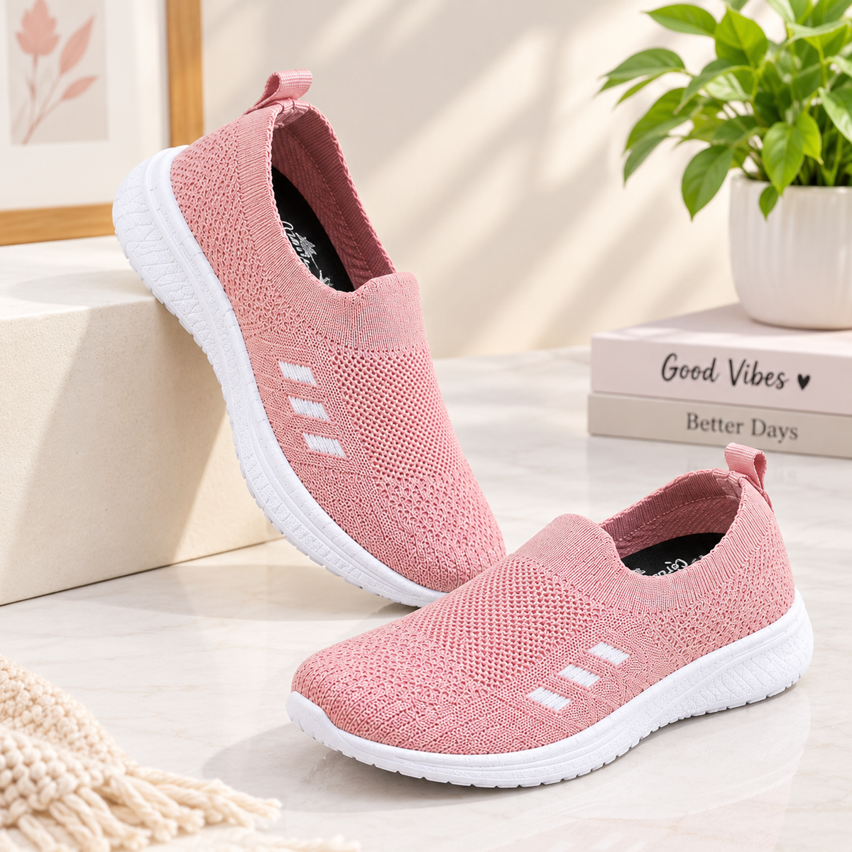 Women's Pink Knit Slip-On Sneakers with Stylish White Sole