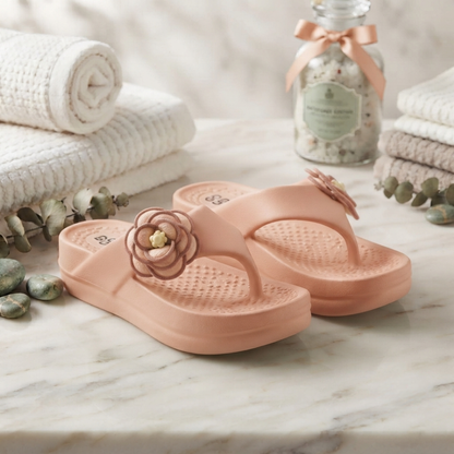 UltraSoft Healthy Steps Women’s Peach Rose Flower Platform Flip-Flops with Anti-Skid Sole